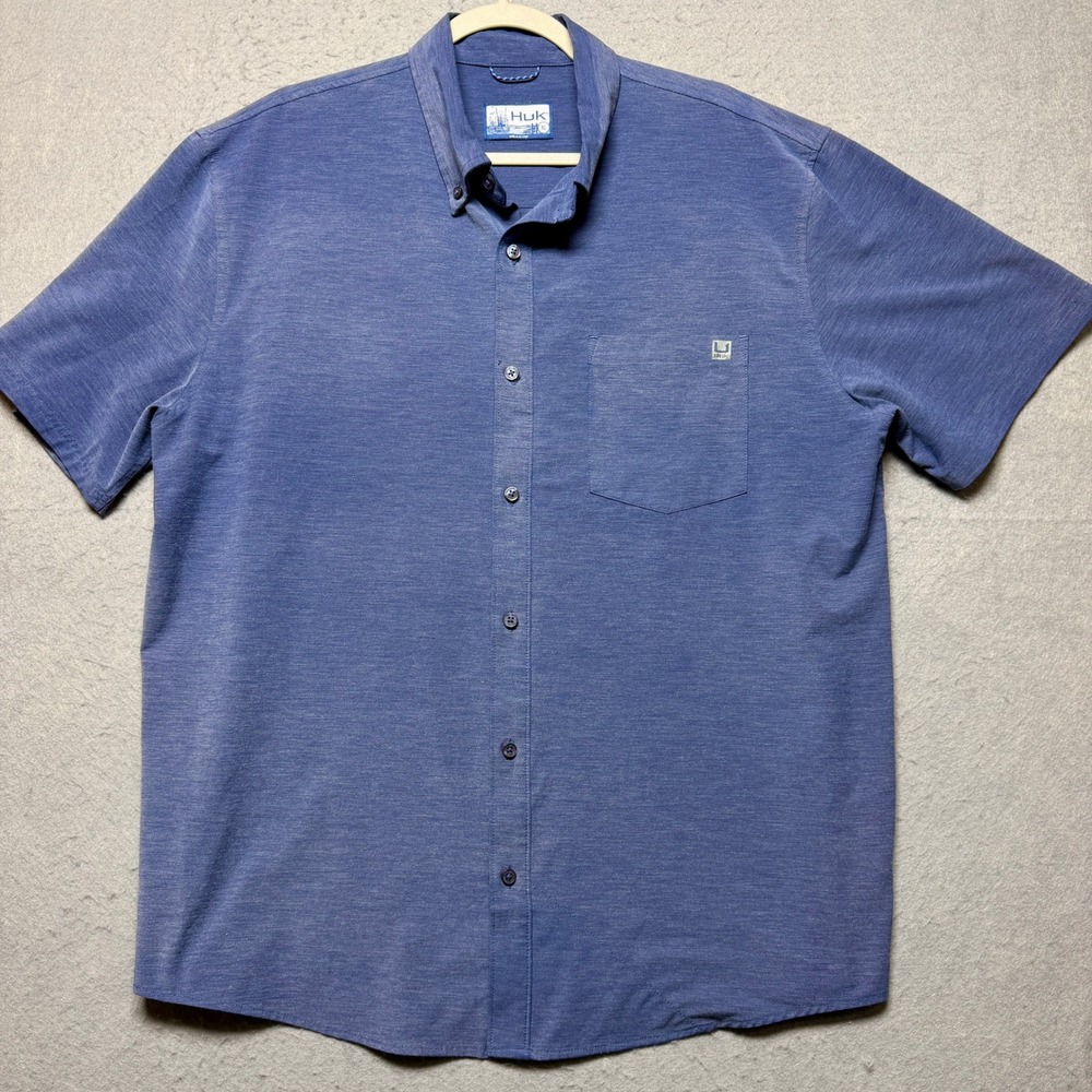 Huk Mens XL Short Sleeve Button Down Performance Fishing Shirt Blue Heathered